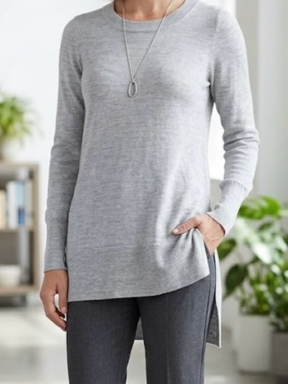 Ellen Tracy Small Grey 100% Merino Wool Tunic Sweater Quiet Luxury Minimalist